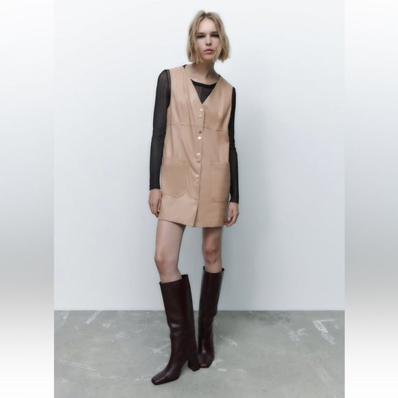 NWT ZARA FAUX LEATHER MINI PINAFORE DRESS - Picture 1 of 6